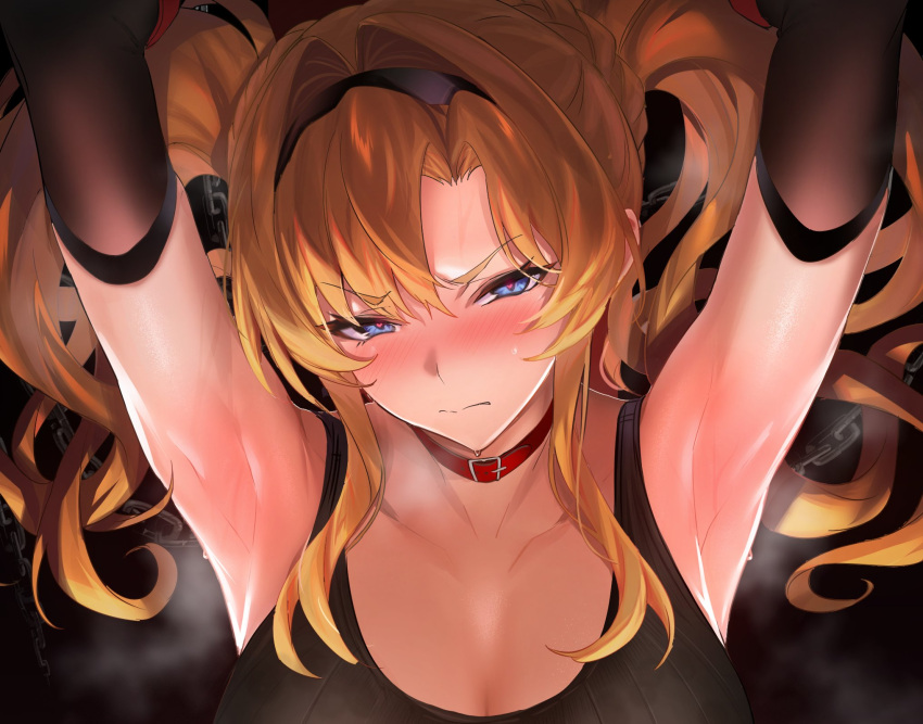 angry armpits arms_up armwear black_topwear blonde_hair bondage breasts chains cleavage cygames granblue_fantasy granblue_fantasy_versus looking_at_viewer lying_on_back restrained zeta_(granblue_fantasy)