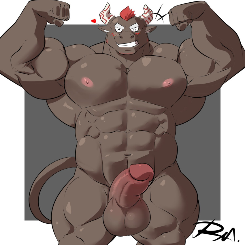 abs anthro balls biceps black_body black_fur blush boner bovid bovine cattle erection flexing fur genitals grin gyumao hair heart hi_res horn lifewonders male male_focus male_only male_solo mammal muscular muscular_anthro muscular_male navel nipples nude pecs penis reclamon red_hair smile solo solo_male tokyo_afterschool_summoners video_games