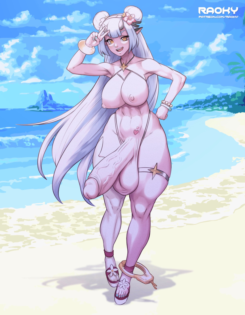 1futa areolae balls bangs beach big_breasts breasts detailed_background elf epic7 erection full_body futa_only futanari hair_bun huge_balls huge_cock humanoid humanoid_penis light-skinned_futanari light_skin long_ears long_hair nude outdoors outside pale_skin penis raoky sidelocks solo standing thick_thighs v white_hair wide_hips yufine_(epic7)