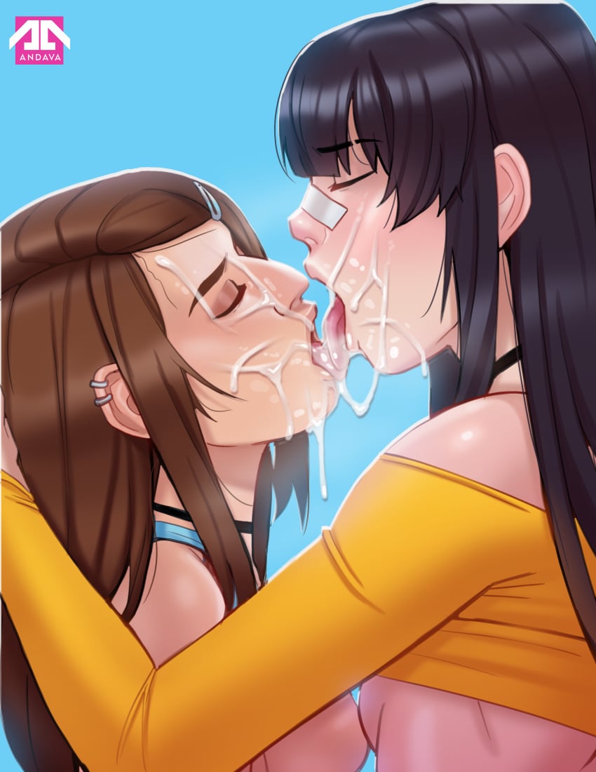 2girls andava andavaverse asian asian_female black_hair brown_hair choker closed_eyes cum cum_in_mouth cum_on_face cum_on_tongue erica_andreyko facial female french_kiss french_kissing human implied_bisexual multiple_girls na-na_kim open_mouth tongue tongue_out yuri