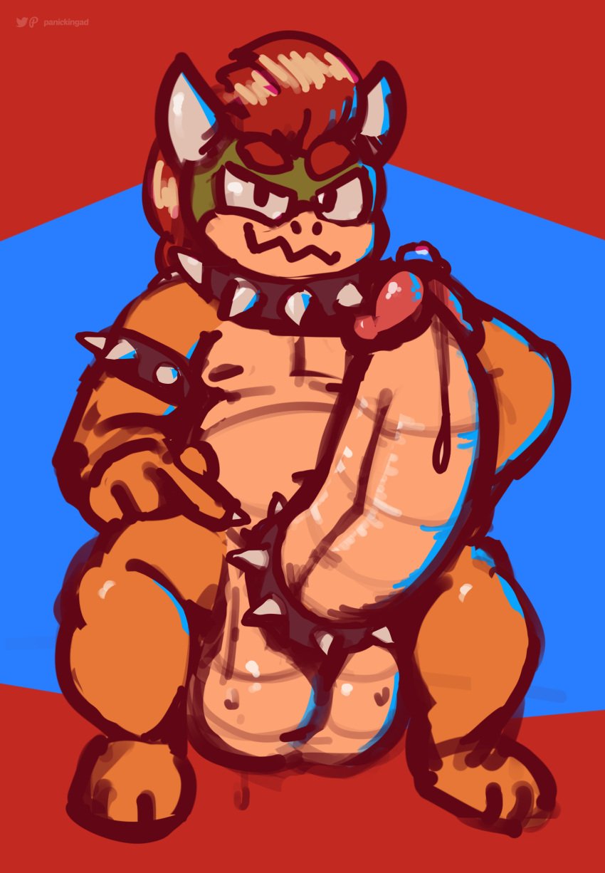 2022 absurd_res accessory anthro armband artist_name balls big_balls big_penis bodily_fluids bowser cock_ring collar digital_media_(artwork) dripping eyebrows genital_fluids genitals green_body green_skin hair hi_res horn huge_cock jewelry koopa looking_at_viewer male male_only mario_(series) navel nintendo nipples panickingad penis penis_accessory penis_jewelry precum precum_drip red_eyebrows red_hair scalie slightly_chubby slightly_chubby_anthro slightly_chubby_male solo spiked_armband spiked_cock_ring spiked_collar spikes sweat tan_body watermark