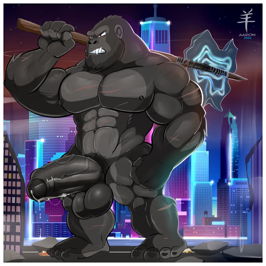 1:1 2021 aaron_(artist) abs anthro ape axe balls biceps big_balls big_penis big_testicles black_body black_fur bodily_fluids border city cum detailed_background digital_media_(artwork) fingers fur furry furry_only genital_fluids genitals godzilla_vs_kong grey_body grey_fur haplorhine hi_res huge_balls huge_cock huge_testicles humanoid_penis hyper_penis king_kong king_kong_(series) leaking leaking_precum macro male male_focus male_only mammal melee_weapon monsterverse muscular muscular_anthro muscular_male nipples nude pecs penis precum primate pubes pubic_hair red_eyes scar sharp_teeth solo solo_male standing teeth testicles vein veiny veiny_muscles veiny_penis weapon white_border