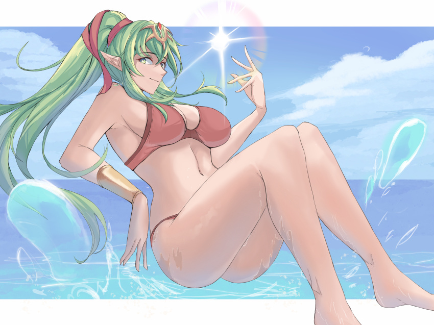 1girls absurdres alternate_costume bikini blue_sky breasts calmgreentori cleavage cloud female female female_only fire_emblem fire_emblem_awakening fire_emblem_heroes green_eyes green_hair highres large_breasts long_hair looking_at_viewer navel nintendo ocean official_alternate_costume pointy_ears ponytail red_bikini red_swimsuit sideboob sky smile solo swimsuit tiara tiki_(adult)_(fire_emblem) tiki_(adult)_(summer)_(fire_emblem) tiki_(fire_emblem) wet