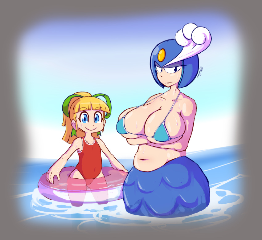 2girls big_breasts bikini blonde_hair blue_eyes crossed_arms flat_chest fupoo hair_ribbon innertube large_breasts looking_at_viewer mega_man mega_man(classic) mermaid one-piece_swimsuit ribbon roll size_difference smile smiling splash_woman swimsuit water young