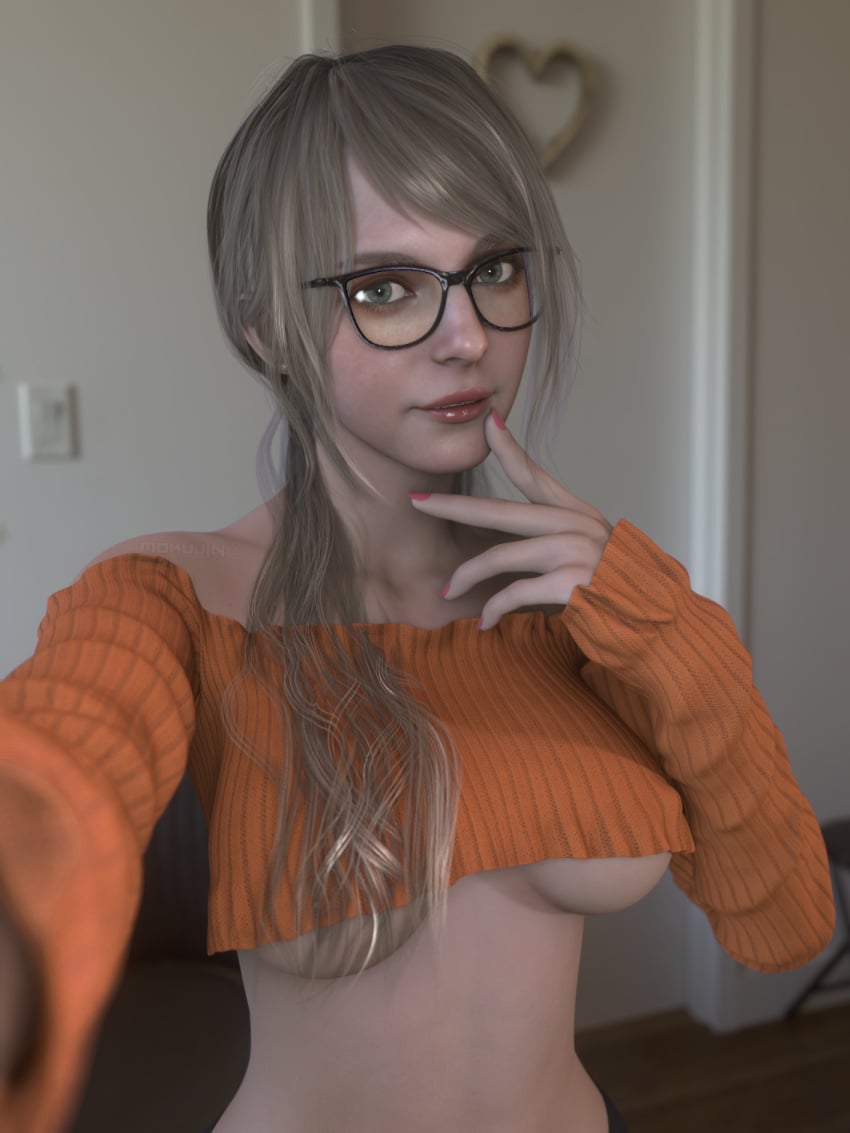 1girls 3d ashley_graham ashley_graham_(ella_freya) blonde_hair capcom female female_only glasses long_hair looking_at_viewer mokujin_hornywood pale-skinned_female pink_nails resident_evil resident_evil_4 resident_evil_4_remake revealing_clothes self_upload selfie solo sweater tagme twintails underboob underboob_sweater