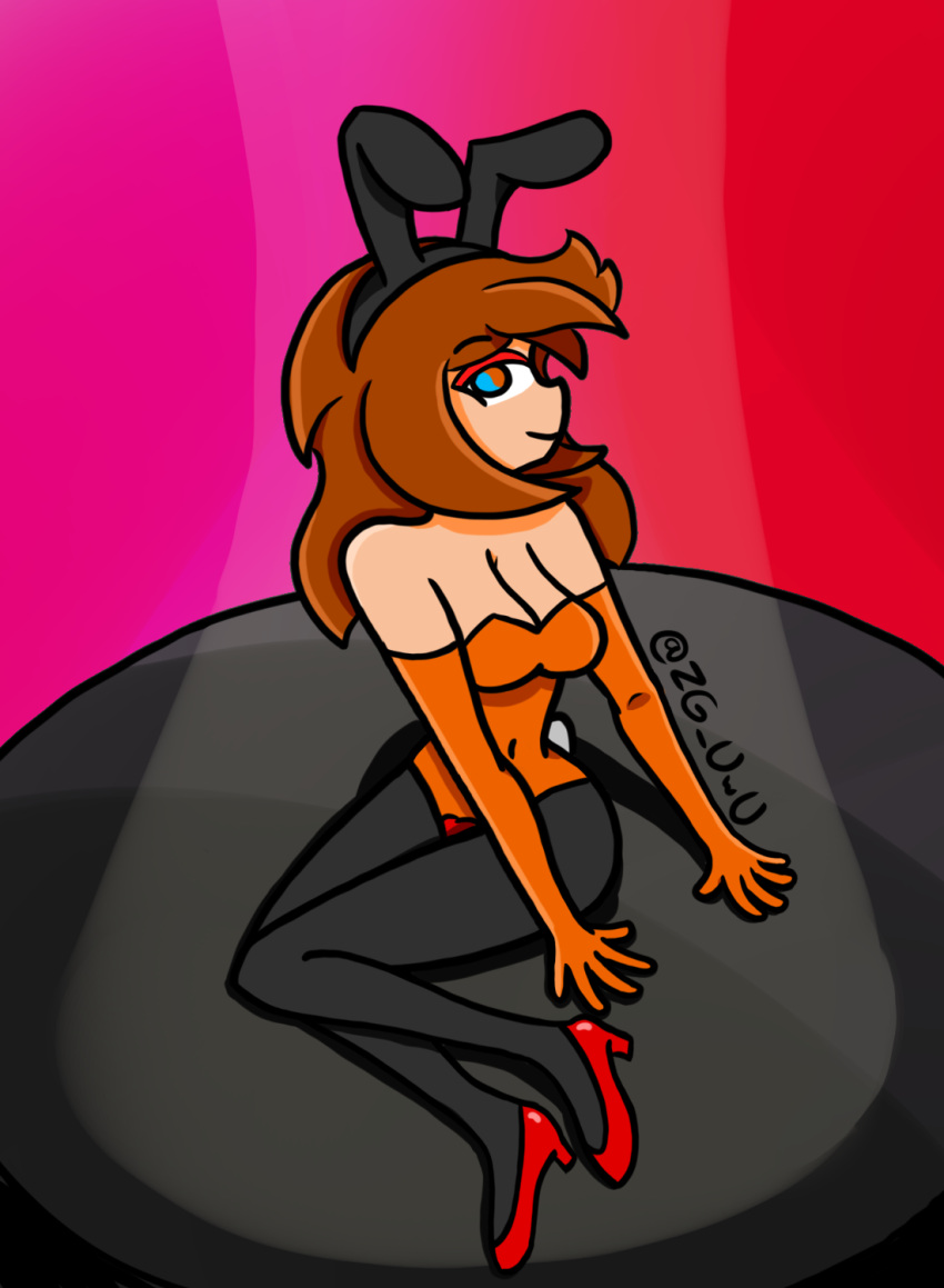 alissia_(zg_uwu) big_breasts big_butt blue_eyes brown_hair bunny_ears bunny_tail bunnysuit gloves heterochromia high_heels highres orange_eyes pantyhose simple_background simple_shading tagme white_skin zg_uwu