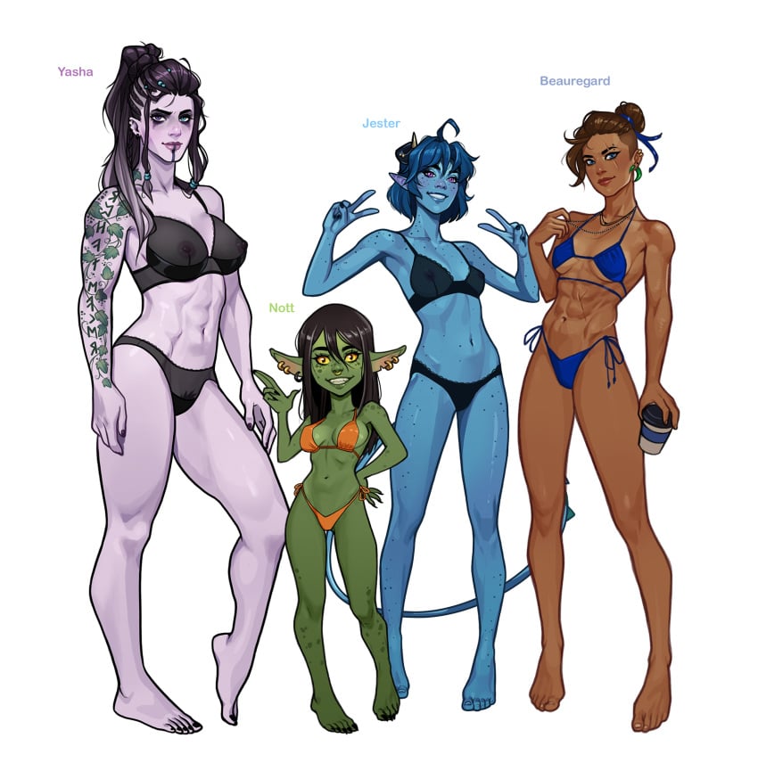 4girls aasimar beauregard_lionett bikini blue_skin breasts character_name critical_role critical_role:_the_mighty_nein dark-skinned_female dark_skin female female_only goblin goblin_female green_skin human jester_lavorre large_breasts minko muscular muscular_female non-nude nott_the_brave olena_minko pale_skin tiefling tiefling_girl toned toned_female voluptuous voluptuous_female white_background yasha_nydoorin