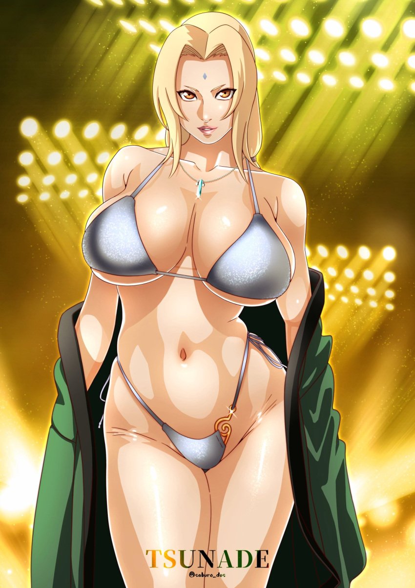 1girls adapted_costume bent_over big_breasts bikini blonde_hair blue_sky brown_eyes busty clouds crystal flashlight front_view haori highleg highleg_bikini highres hourglass_figure huge_breasts jewelry konohagakure_symbol large_breasts legs_together lipstick long_hair looking_at_viewer makeup mature mature_female midriff milf nail_polish naruto naruto_(series) naruto_shippuden necklace ocean outdoors pinup revealing_swimsuit saburo_des shiny shiny_hair shiny_skin skimpy skimpy_bikini stage stage_lights sunlight swimsuit thick_thighs thighs tsunade twintails underboob undressing very_long_hair watermark wide_hips