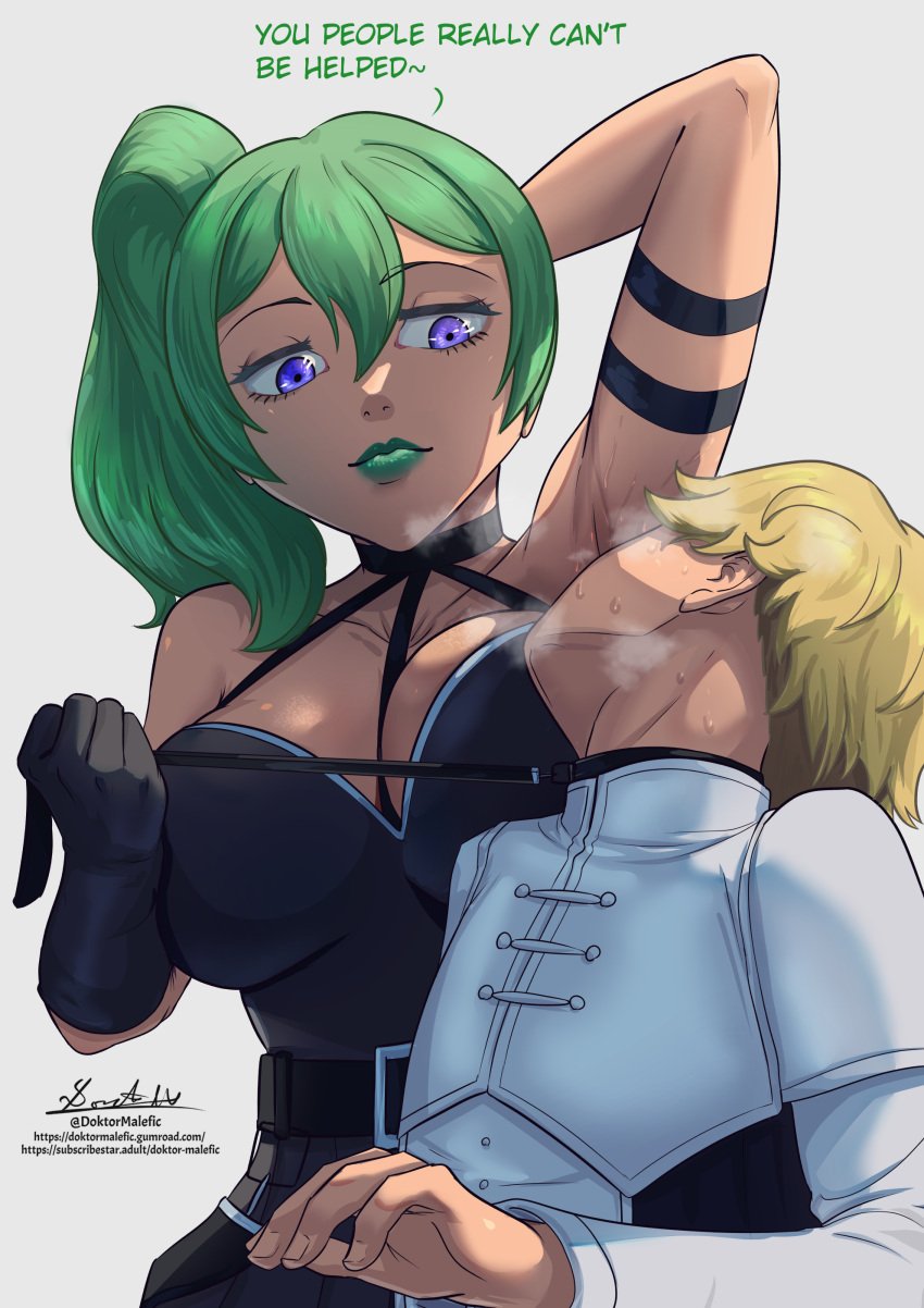 1boy 1girls armpit armpit_fetish armpits arms_up big_breasts blonde_hair blonde_hair_male collar collar_pull color colored doktor_malefic dominant dominant_female domination female femdom fully_clothed green_hair green_lipstick land_(sousou_no_frieren) lipstick malesub purple_eyes short_hair sousou_no_frieren steam steamy_breath sweat sweatdrop sweating sweaty text tied_hair ubel_(sousou_no_frieren)