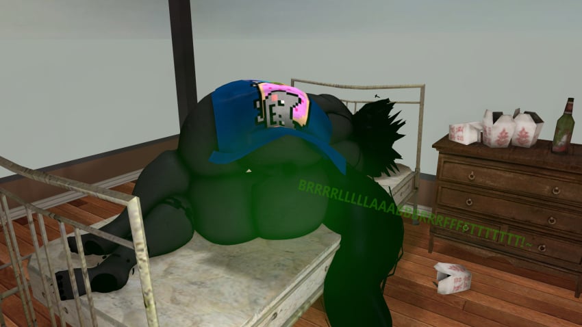 anthro anus anus ass big_ass big_butt black_body fart fart_cloud fart_fetish female female female_only furry karelia_(acerattman) lying_on_bed przemek11 solo