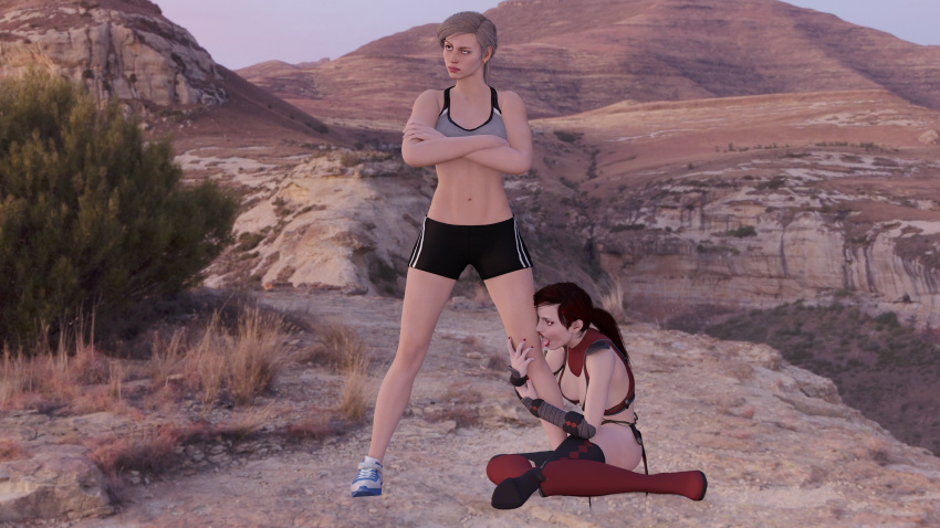 2girls abdomen annoyed armor belly_button blonde_hair bra cassie_cage crossed_arms desert ignoring lezsub licking_leg looking_away mortal_kombat mortal_kombat_11 multiple_girls ponytail red_eyes red_hair red_lipstick red_nails sitting skarlet sneakers sportswear standing submissive tongue_out