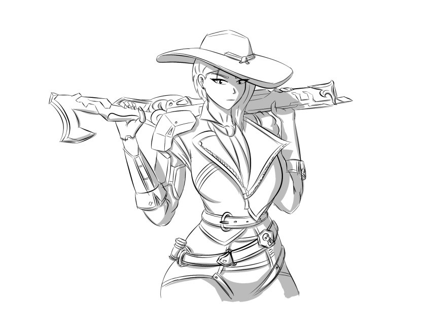 1girls ashe_(overwatch) cowgirl_outfit female female_focus female_only gun hat kirik necktie overwatch overwatch_2 thick