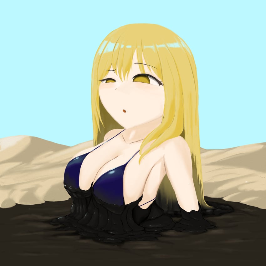 1girls bikini bikini_top blonde_hair breasts clothing hair long_hair quicksand stuck swimsuit tar tar_pit watanukimonster