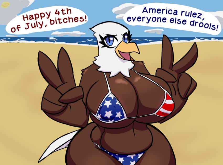 4th_of_july accipitrid accipitriform american_eagle american_flag_bikini anthro avian bald_eagle beach beak belly big_breasts bikini bird blue_eyes breasts brown_body cleavage clothing curvy_figure detailed_background dialogue eagle english_text female furry furry_only gesture hi_res huge_breasts large_breasts lemondude sea_eagle seaside solo swimwear text thick_thighs v_sign