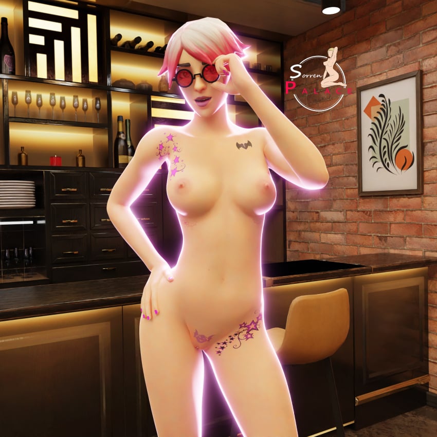 adjusting_eyewear adjusting_glasses adjusting_sunglasses bar callisto_(fortnite) exposed_thighs fortnite girl looking_at_viewer naked naked_female pink_hair purple_lipstick sideboob sorrenpalace sunglasses tattoo tattoo_on_belly tattoo_on_breast tattoo_on_thigh tattoos thighs tinted_eyewear wine wine_bottle wine_glass