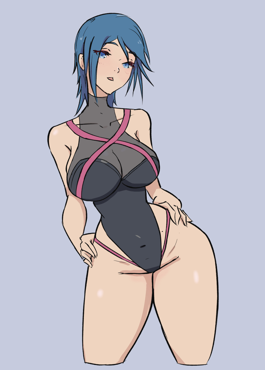 1girls aqua_(kingdom_hearts) big_breasts blue_eyes blue_hair breasts cleavage clothed female hands_on_hips hi_res in2naps kingdom_hearts looking_at_viewer one-piece_swimsuit plain_background see-through_clothing short_hair slim_waist solo swimsuit wide_hips