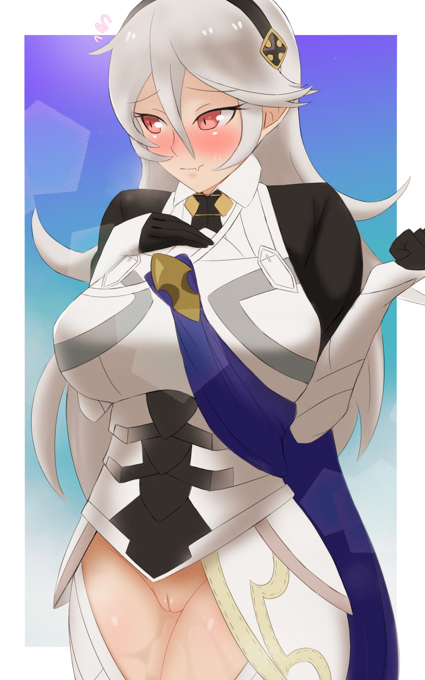 1girls bare_thighs blush corrin_(fire_emblem) corrin_(fire_emblem)_(female) embarrassed fire_emblem fire_emblem_fates hair_between_eyes hand_on_own_chest heavy_blush huge_breasts inner_thighs long_hair looking_away nintendo no_panties pibu pointy_ears pussy pussy_juice pussy_juice_trail red_eyes shy shy_smile silver_hair smile solo sweatdrop thick_thighs thighs very_long_hair wet_pussy