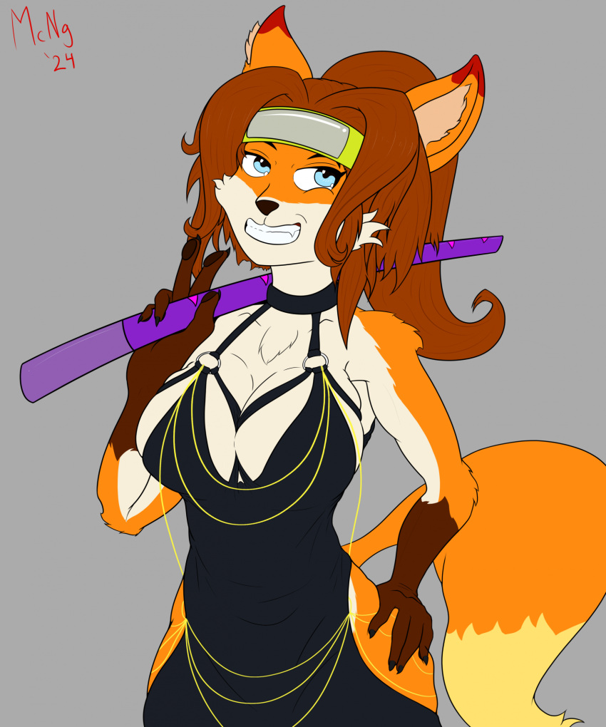 anthro asami_(atfs) asami_the_furry_samurai female fox hand_on_hip headband headgear katana looking_at_viewer looking_happy mcnuggetronis meme_ meme_attire meme_clothing peace_sign safe_for_work samurai