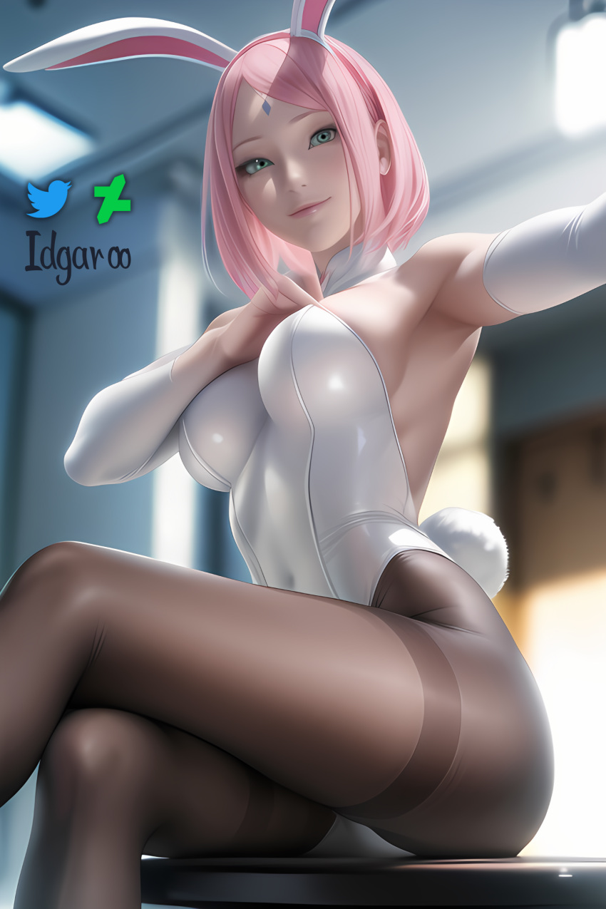 1girls ai_generated alternate_breast_size alternate_costume arm_support bare_arms bare_breasts bare_chest bare_shoulders big_breasts bob_cut boruto:_naruto_next_generations bunny_ears bunny_girl bunny_tail bunnysuit cleavage crossed_legs detached_collar deviantart_username facial_mark fake_animal_ears fake_animal_tail forehead_mark green_eyes hourglass_figure huge_breasts idgaroo indoors large_breasts leotard light-skinned_female light_skin mature mature_female milf nai_diffusion naruto naruto_(series) no_bra pantyhose pink_hair revealing_clothes sakura_haruno sitting skimpy skimpy_clothes slim_waist solo stable_diffusion strapless_leotard twitter_username url watermark web_address wide_hips