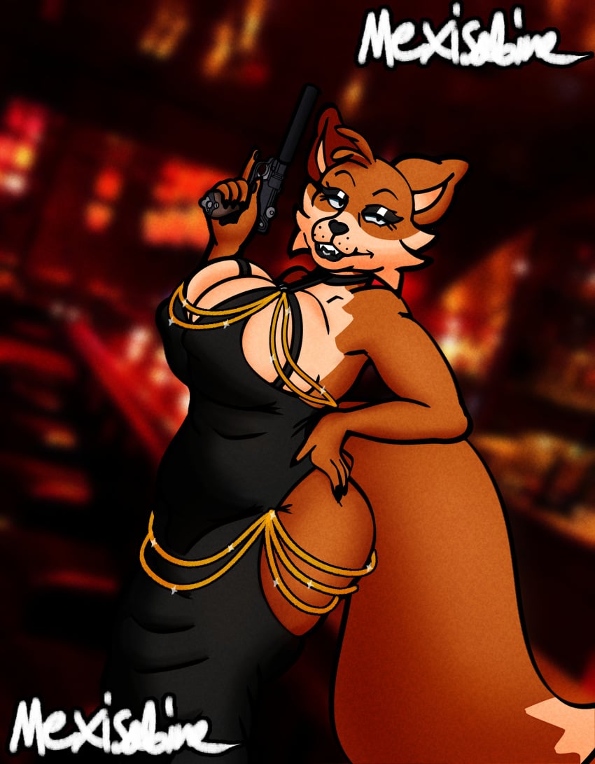 absurd_res anthro ass bare_shoulders bedroom_eyes big_breasts big_butt big_ears big_tail bite biting_lip black_clothing black_dress breasts canid canine claws cleavage clothed clothing curvy_figure dress eyeliner eyeshadow fangs female fox gold_(metal) gold_jewelry gun half-closed_eyes handgun hands_on_hips head_tuft hi_res holding_object holding_weapon huge_breasts jewelry karen_the_fox_(mexisabine) lips lipstick makeup mammal meme meme_clothing mexisabine modakawa_dress nails narrowed_eyes pawpads pistol ranged_weapon red_fox seductive slightly_chubby smile smirk solo tail teeth thick_bottom_lip true_fox tuft voluptuous weapon wide_hips