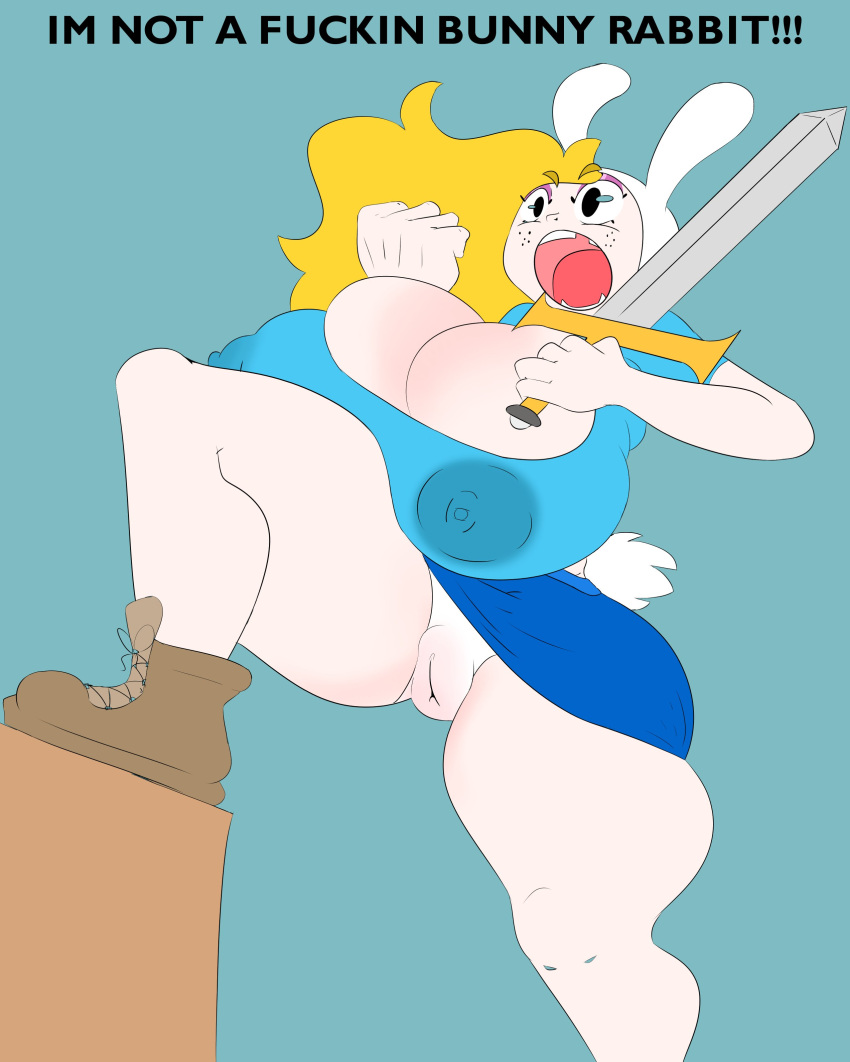 adventure_time big_nipples blush boots cleavage coltetbe fionna_and_cake fionna_the_human_girl fist freckles heroic_pose hyper_breasts long_hair plump_pussy rabbit_ears rabbit_tail skirt sword thick_thighs tight_clothing