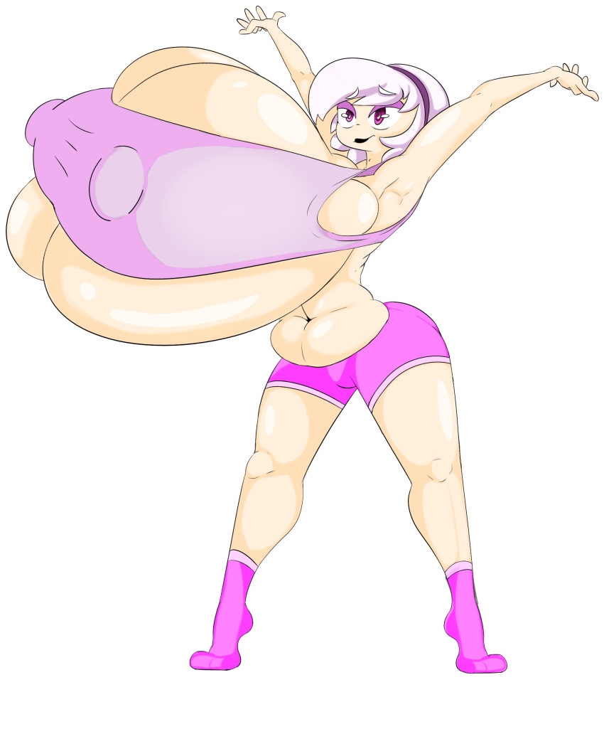 armpits big_nipples bulging_breasts chubby cleavage coltetbe crop_top hands_above_head homestuck hyper_breasts rose_lalonde shorts side_boob socks tight_clothing under_boob white_background