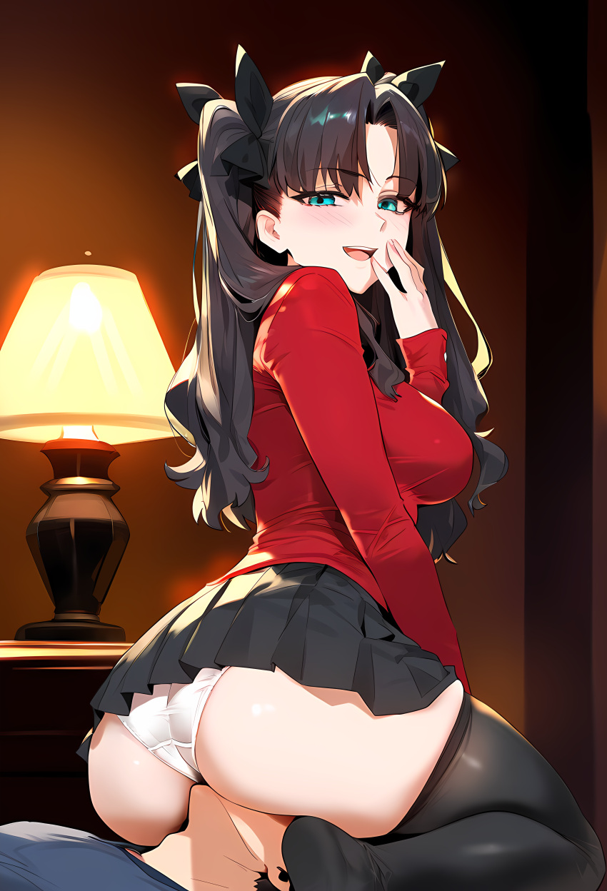 1girls ai_generated ass blue_eyes blush brown_hair facesitting fate/stay_night fate_(series) femdom human light-skinned_female light_skin nai_diffusion panties sitting_on_person skirt smile solo stable_diffusion tohsaka_rin twintails