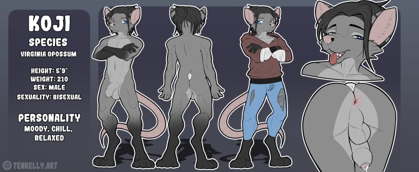 american_opossum anthro anus ass average_penis balls bottomwear clothing denim denim_bottomwear denim_clothing genitals girly hi_res hoodie humanoid_genitalia humanoid_penis jeans male mammal marsupial model_sheet muscular pants penis slim smile smirk solo tenkellyart tongue topwear virginia_opossum