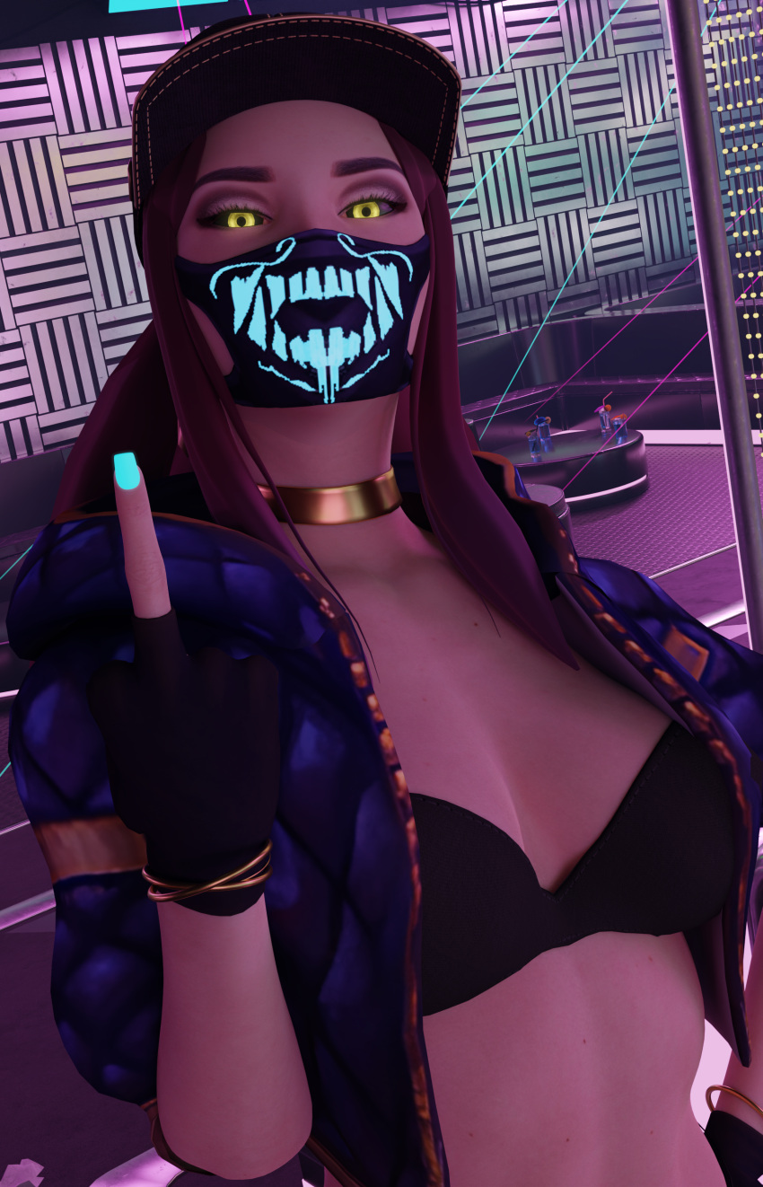 1girl 1girls 3d akali athletic_female big_breasts black_sclera blender blue_nails bra cap celebrity face_mask female female_only flipping_off flipping_viewer_off glowing_eyes glowing_nails jewelry k/da_akali k/da_series league_of_legends looking_at_viewer middle_finger posing solo yellow_eyes your__waifu