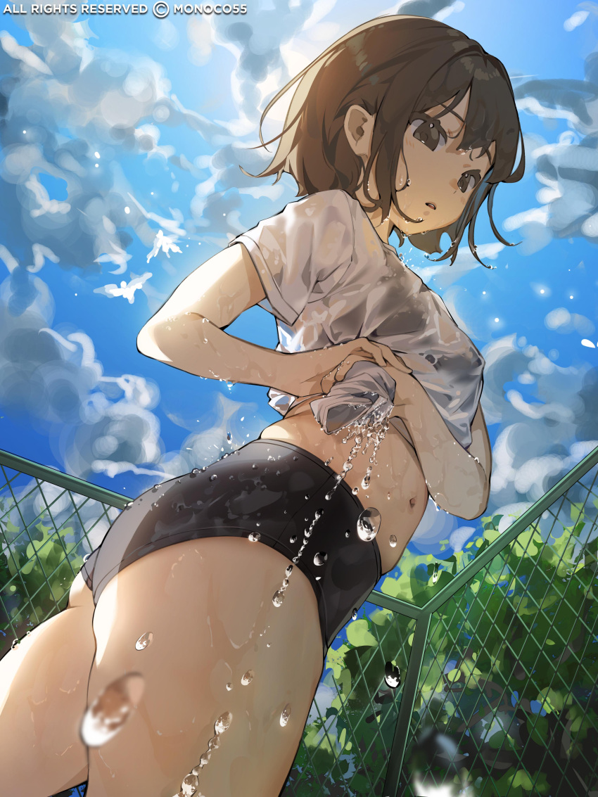 absurdres ass black_buruma blue_sky bra_visible_through_clothes brown_eyes brown_hair buruma chain-link_fence cloud cloudy_sky cowboy_shot day dripping dutch_angle female fence from_below from_side hair_between_eyes highres looking_at_viewer looking_down midriff monosucre navel original outdoors parted_lips shirt short_hair skindentation sky solo sun sunlight t-shirt thick_thighs thighs tree water water_drop wet wet_buruma wet_clothes wet_shirt white_shirt wringing_clothes