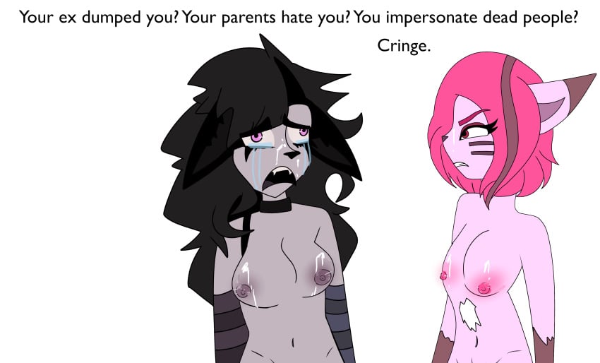 anonymous_artist armwear artist black_hair breasts collar crying cum_on_breasts cum_on_face degradation degradation_text edgy hair pink_hair pink_nipples shaming shiny shiny_breasts short_hair temperflash