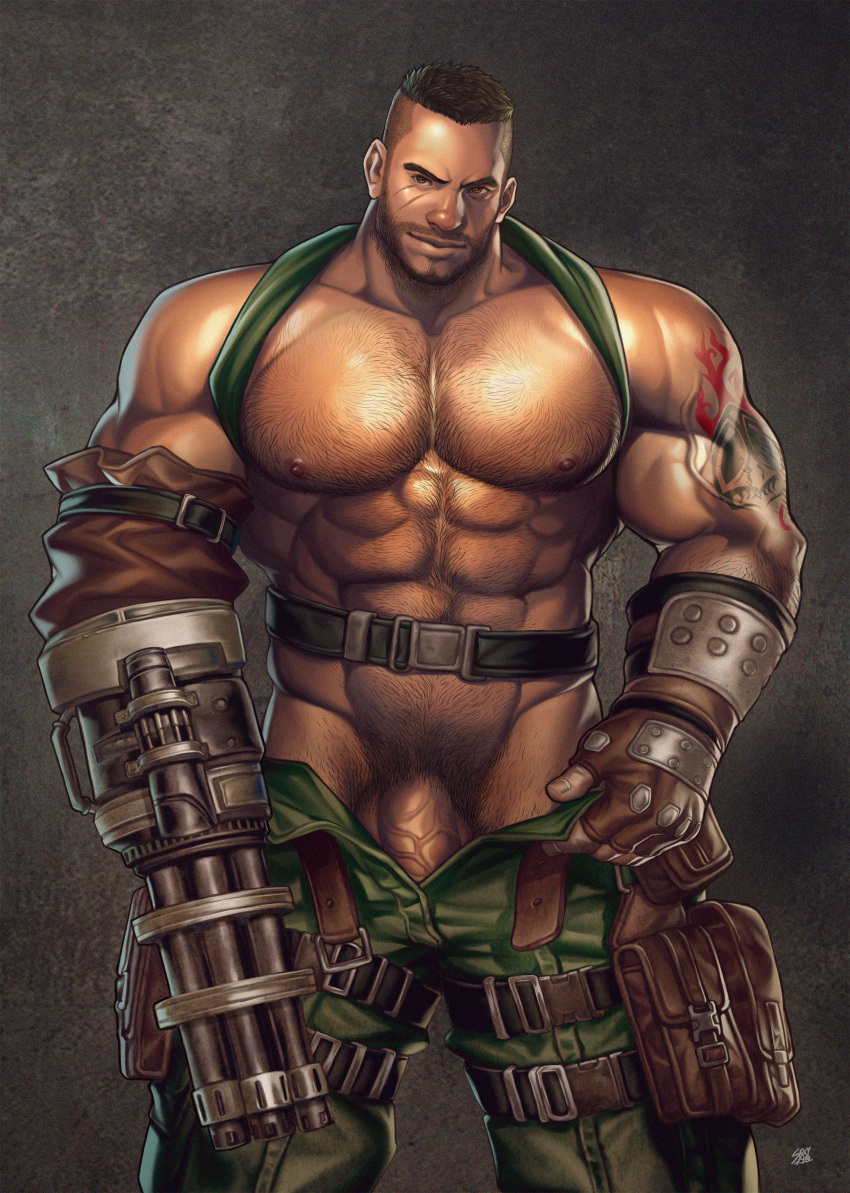 1boy balls bara barret_wallace beard clothing dark-skinned_male dark_skin final_fantasy final_fantasy_vii hairy_chest male male_focus male_nipples male_only male_pubic_hair muscular_male nipples penis sexy_da_xiong solo_male