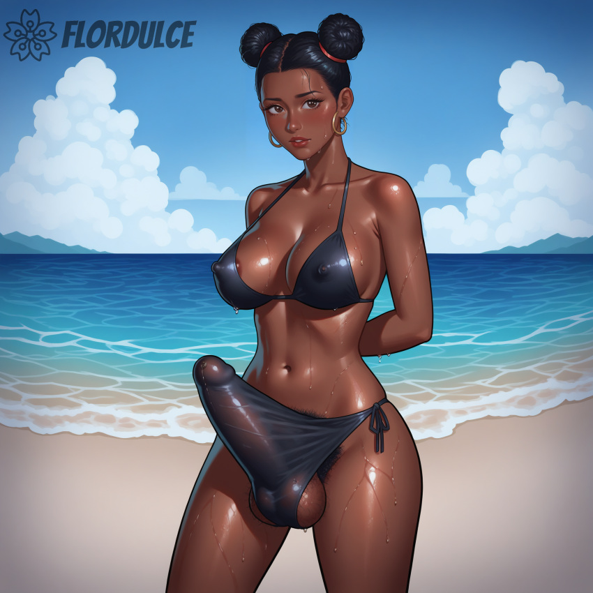 ai_generated balls beach bikini black_bikini black_hair brown_eyes covered_penis dark-skinned_futanari dark_skin double_bun erect_penis erection erection_under_clothes erection_under_clothing flordulce futa_only futanari outdoors palm_tree penis pubic_hair solo_futa space_buns testicles water wet wet_skin