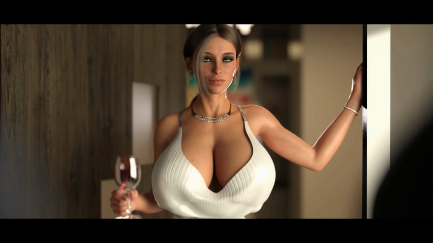 1girls 3d big_breasts brown_hair cleavage dress female_focus fit_female jackerman large_breasts milf rebecca_taylor top_heavy wine wine_glass