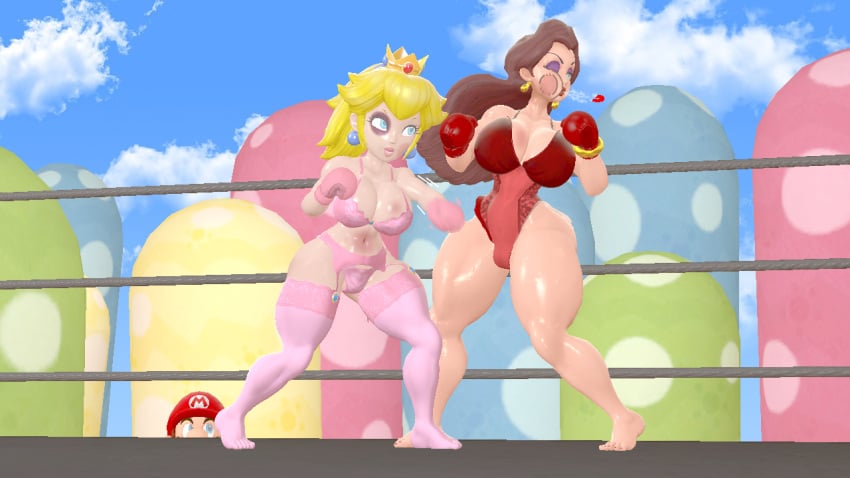 1boy 2girls 3d 3d_(artwork) barefoot big_breasts big_thighs blonde_hair boxing boxing_gloves boxing_ring bra breasts brown_hair bruise bruised bruised_eye bruises catfight cleavage crown curvy duo_female earrings eyeshadow female female_focus fight fighting fighting_ring garter gloves huge_breasts huge_thighs large_breasts large_thighs light-skinned_female light-skinned_male light_skin lingerie lingerie_leotard lips lipstick long_hair makeup male male_watching mario mario_(series) mouthguard mouthpiece nintendo one_eye_closed outdoors panties pauline pink_boxing_gloves pink_gloves pink_lingerie pink_lipstick ponytail princess_peach punch punching punching_face purple_eyeshadow red_boxing_gloves red_gloves red_lingerie red_lipstick rngsucks ryona size_difference sole_male squinted_eyes stockings super_mario_bros. swing_punch thick thick_hips thick_thighs thighhighs thighs tied_hair vs wide_hips