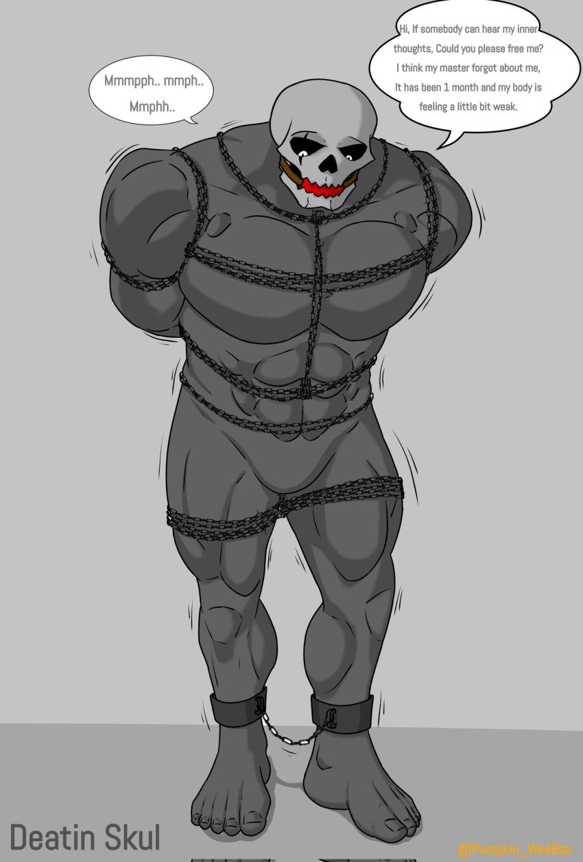 abs anthro arkyhorny ball_gag barazoku biceps big_muscles black_body bone chain_piercing featureless_crotch gag hi_res huge_muscles humanoid male muscular muscular_humanoid muscular_male muscular_sub pecs skull skull_head solo standing submissive submissive_anthro submissive_male