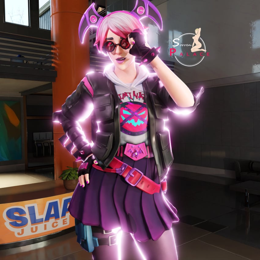 adjusting_eyewear adjusting_glasses adjusting_sunglasses callisto_(fortnite) fortnite girl jacket looking_at_viewer pink_hair purple_lipstick skirt sorrenpalace sunglasses tinted_eyewear