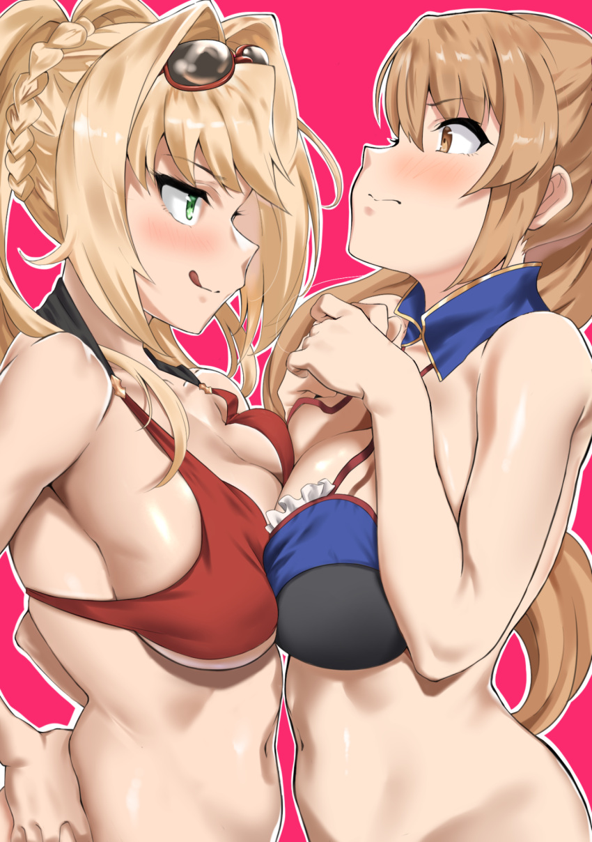 2girls beatrix_(granblue_fantasy) blonde_hair bra breast_on_breasts breast_press breasts brown_hair granblue_fantasy granblue_fantasy_versus grin looking_at_each_other multiple_girls zeta_(granblue_fantasy)