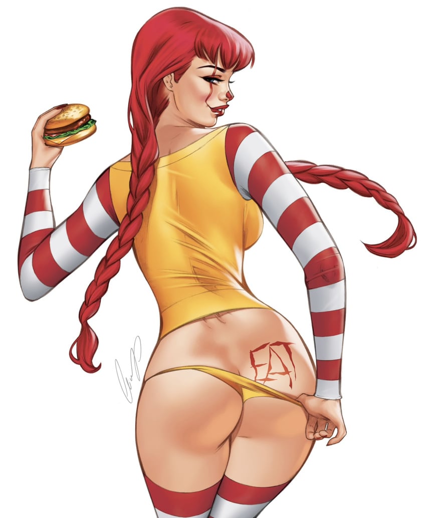 1girls ass back_view body_writing clown_girl clown_makeup elias_chatzoudis hamburger mcdonald's panties red_hair solo suggestive twin_braids white_background