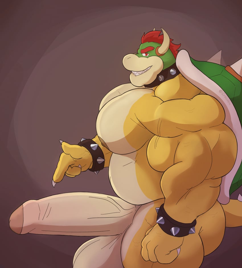 abs bara biceps bowser claws crocobu horns hyper hyper_balls hyper_genitalia hyper_penis hyper_testicles koopa looking_at_viewer male/male male_focus male_only mario_(series) muscle muscles muscular muscular_arms muscular_legs muscular_male muscular_thighs nintendo nintendo_switch nipples pecs pointing_at_penis red_eyes red_hair sharp_teeth shell smile solo_male spiked_bracelet spiked_collar spiked_hair spikes veins veiny_penis video_game_character yellow_skin