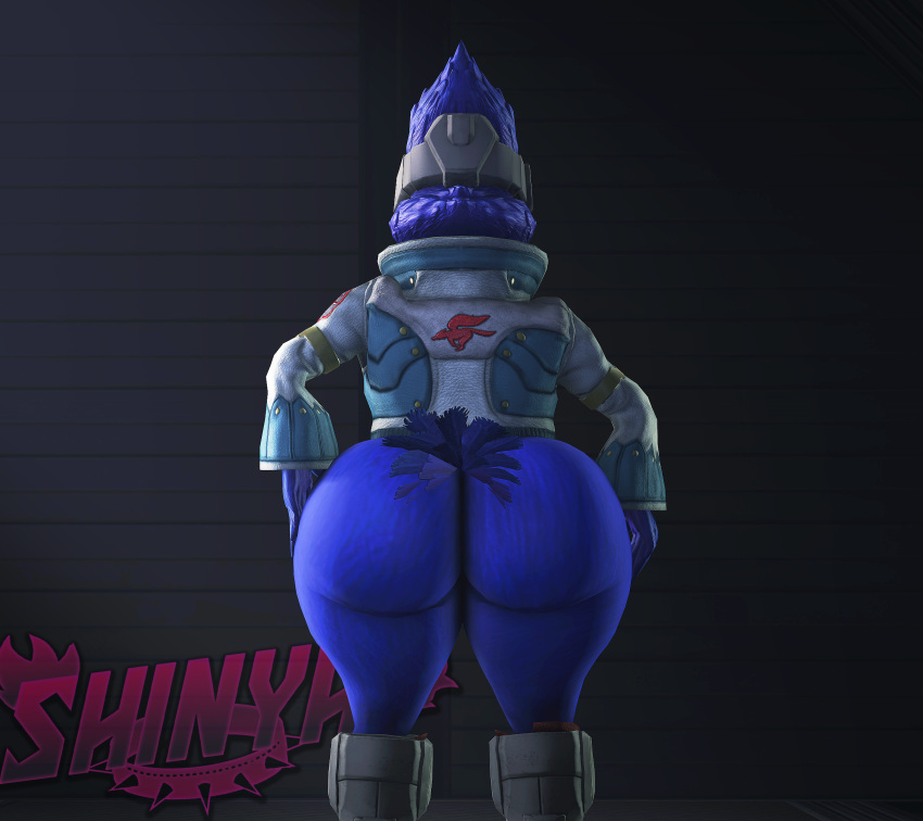 18+_adults_only_sign 3d ass avian big_butt bird blue_body blue_fur butt_pose clothing falco_lombardi fur hi_res humanoid male male/male nintendo nude pose shinyagaia shoes_on solo source_filmmaker space spacecraft star_fox thick_thighs vehicle