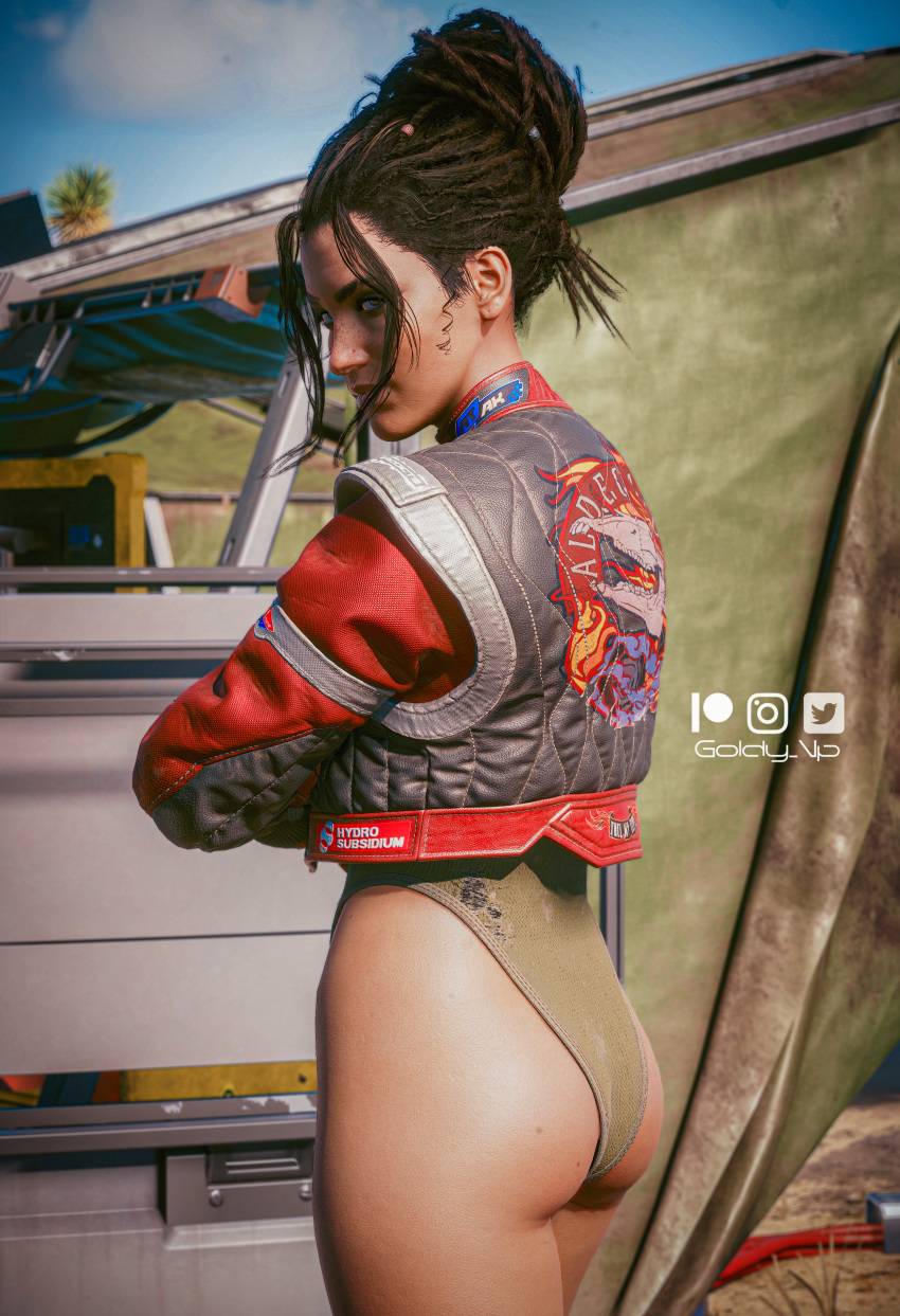 1girls 3d ass big_ass butt cd_projekt_red cgi cyberpunk_2077 dark-skinned_female female goldy_3d half_naked no_panties panam_palmer