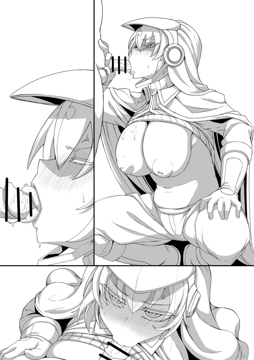 1boy 1girls angry_fellatio bar_censor big_breasts blowjob blush breasts_out comic fellatio female female_focus first_porn_of_character headgear headwear inverted_nipples large_areolae licking_penis made_in_abyss male mask_on_head monochrome no_bra oral penis puffy_nipples rimeyo sagging_breasts shirt_up squatting unseen_male_face wip yaguchiyuki