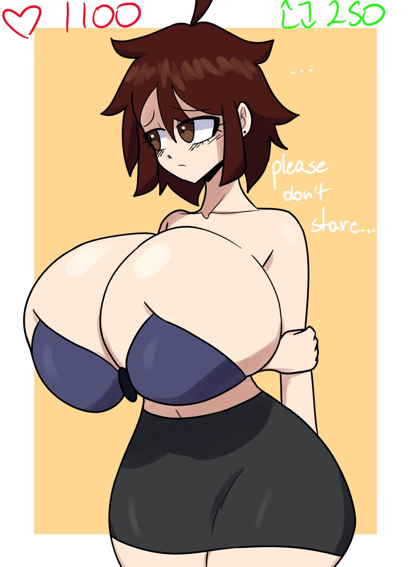 1girls alissa_(full_comfort) arms_behind_back big_breasts bra breasts brown_eyes brown_hair full_comfort full_comfort_(strip_game) full_comfort_alissa_(strip_game) holding_own_arm huge_breasts looking_away_from_viewer nervous oc original_character part_2 short_hair skirt slim_waist tagme