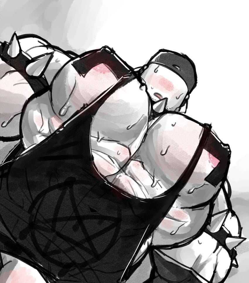 1boy abs bara big_breasts big_pecs black_shirt blush buff cap clothed heccintoxic hectox hi_res huge_breasts huge_pecs large_breasts large_pectorals larger_male looking_at_viewer looking_down_at_viewer low-angle_view male male_focus male_only meme muscular muscular_male nipples_covered no_color pecs pectorals pov solo solo_focus solo_male spiked_armband spiked_collar sweat sweating taped_nipples topwear viewed_from_below worm's-eye_view yur_oc_like_this_(meme)