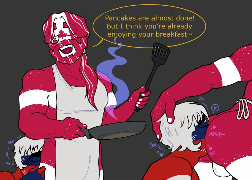 2boys apron apron_only ass ass_eating ass_worship balls ballsack beard big_ass big_balls canada_(countryhumans) cooking countryhumans eating_ass food gay kingofkinks long_hair male_only oral oral_sex pancake pancakes ponytail russia_(countryhumans) self_upload size_difference