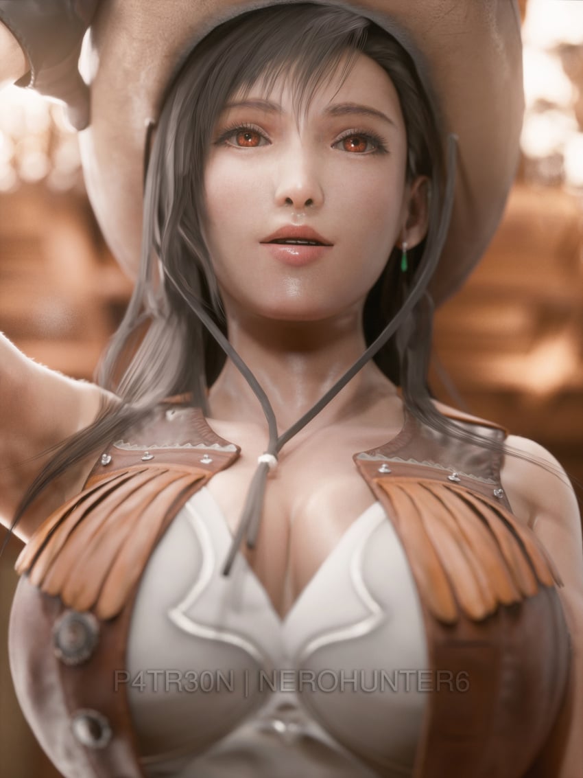 1girls 3d abs absurdres ass big_ass big_breasts black_hair breasts cowboy_hat cowgirl cowgirl_outfit earrings female female_only final_fantasy final_fantasy_vii final_fantasy_vii_remake fit fit_female hard_nipples highres huge_breasts long_hair nail_polish nerohunter6 realistic red_eyes selfie shiny_clothes solo solo_female square_enix thick_thighs tifa_lockhart toned toned_female voluptuous