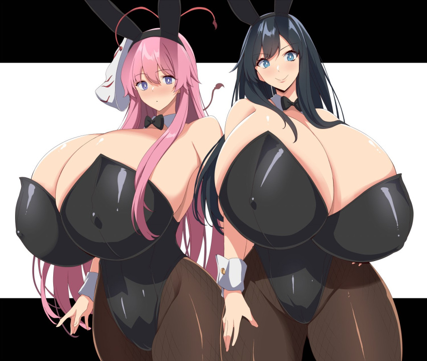 2girls alternate_breast_size alternate_costume animal_costume animal_ears back-seamed_legwear bakunyuu bangs bare_shoulders black_hair black_hairband black_leotard blue_eyes blush bow bowtie breasts brown_legwear bursting_breasts cameltoe cleavage cleavage_cutout clothing_cutout collarbone commission covered_erect_nipples cowboy_shot curvy detached_collar dot_mouth erect_nipples erect_nipples_under_clothes eyebrows eyebrows_behind_hair eyebrows_visible_through_hair eyelashes eyes_visible_through_hair fake_animal_ears fishnet_legwear fishnets fox_mask gigantic_breasts grin hair_over_breasts hair_over_shoulder hair_strand hairband hata_no_kokoro highleg highleg_leotard highres huge_areolae huge_breasts huge_nipples kloah leotard letterboxed long_hair looking_at_viewer mask mask_on_head multiple_girls nipples_visible_through_clothing nose_blush open_clothes out_of_frame pink_hair playboy_bunny playboy_bunny_leotard puffy_areolae purple_eyes rabbit_ears seamed_legwear shiny shiny_clothes shiny_hair shiny_skin sideboob sidelocks simple_background skin_tight smile standing strapless strapless_leotard thick_thighs thighs touhou very_long_hair white_background wide_hips wing_collar wrist_cuffs