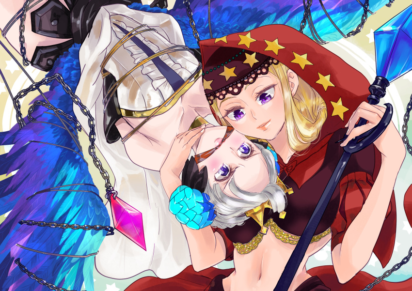 2girls arms_behind_back arms_tied_behind_back asou551 blonde_hair blue_eyes bondage bound bound_arms caress chains cleave_gag cloth_gag female female_only femdom femsub gag gagged grey_hair gwendolyn_(odin_sphere) improvised_gag medium_hair multiple_girls odin_sphere purple_eyes restrained rope rope_bondage short_hair small_breasts smile staff suspension suspension_bondage tied_up upside-down velvet_(odin_sphere) yuri