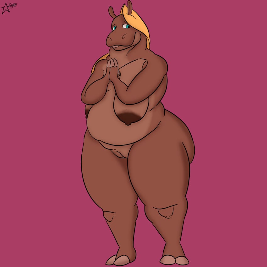 3_fingers absurd_res anthro ass big_butt blonde_hair breasts brown_body cosmosarts erect_nipples female fingers fupa genitals hair hi_res hippopotamid louise_(cosmosarts) mammal nipples plump_labia pussy sagging_breasts slightly_chubby slightly_chubby_female solo thick_thighs wide_hips